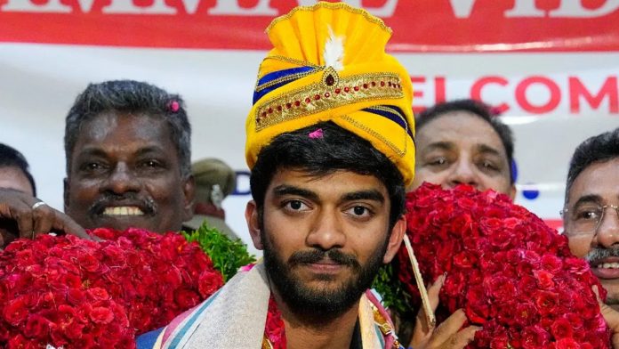 D Gukesh, a chess prodigy, was welcomed home in Chennai following the victory of the candidates